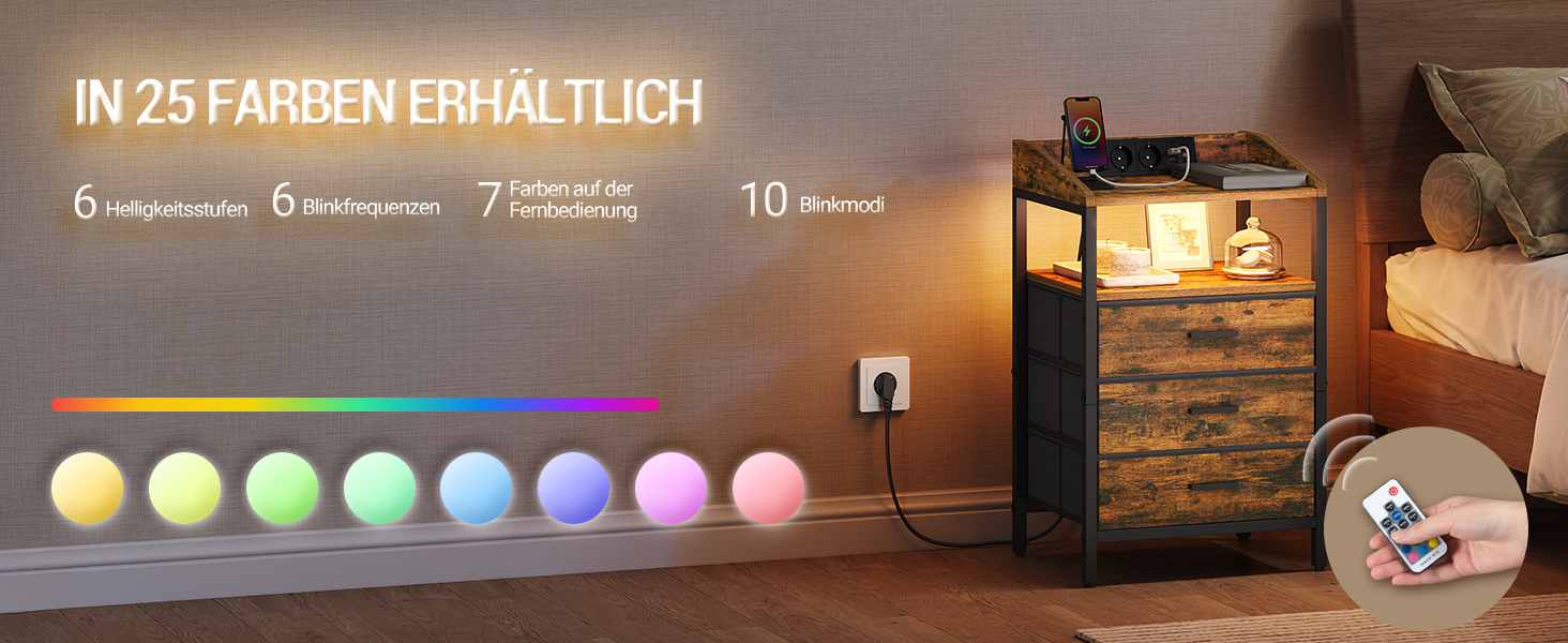 Приліжкова тумбочка Hzuaneri з LED-підсвіткою та функцією зарядки, 3 висувні ящики з тканини, USB-порти та розетки, для спальні/вітальні, чорний/коричневий, NS36301BEU, 1 шт.