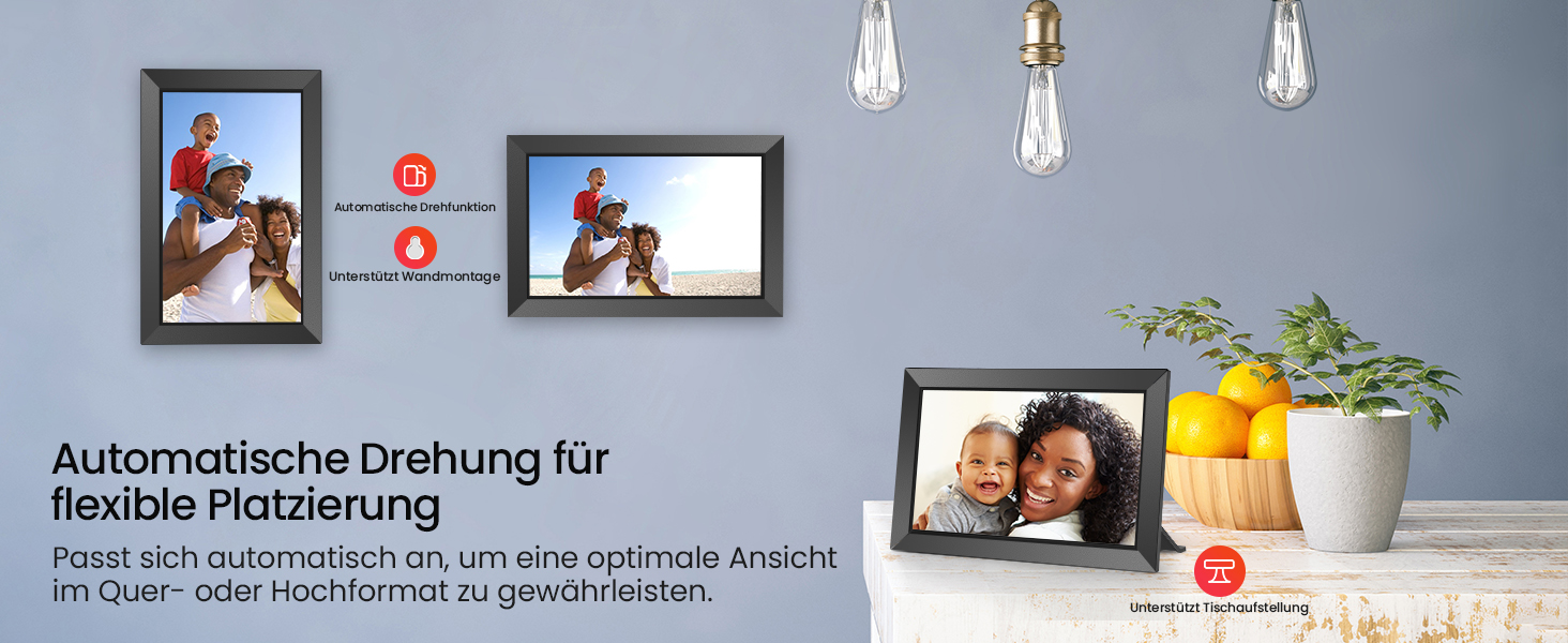 FRAMEO Цифровий фотоальбом 10.1 дюйма з Wi-Fi, IPS сенсорний екран, 32GB пам'яті, автоповорот, чорний