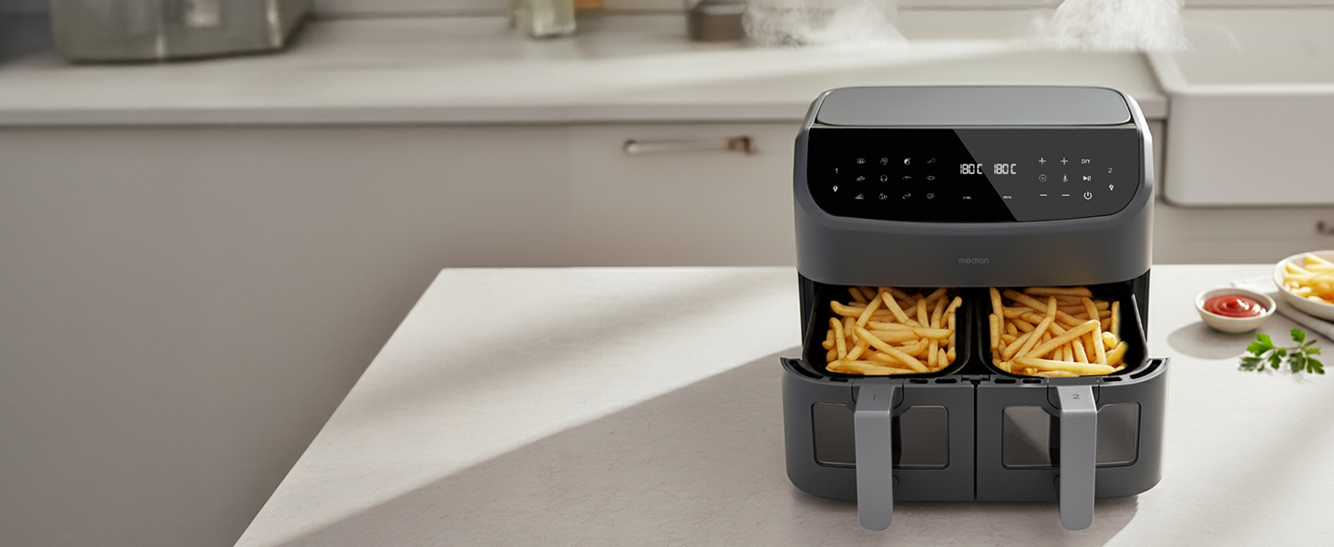 MEDION P20 XXL Фритюрниця з гарячим повітрям з 2 камерами (8,7 л, Airfryer, 2600 Вт, подвійна камера, 10 автоматичних програм, 2 висувні ящики, віконце, Dual Airfryer, ILAG PFAS-free, MD11760) матово-білий, матово-сірий