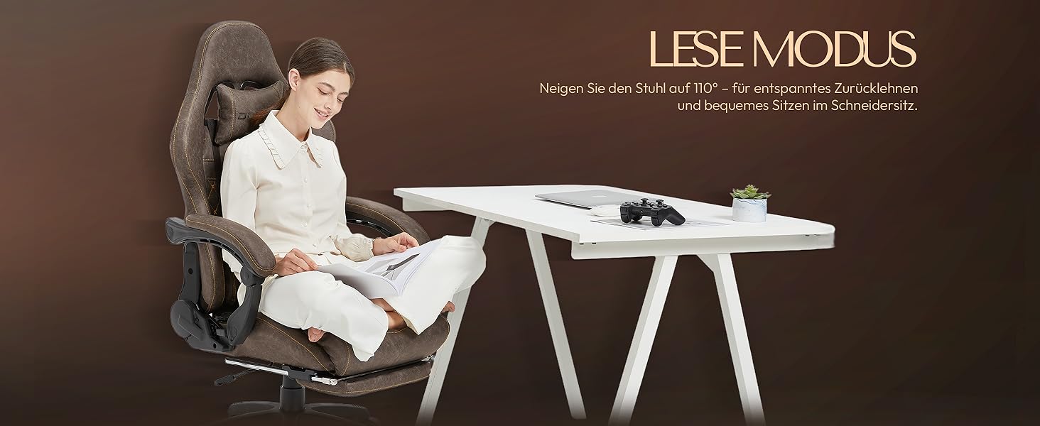 Ігровий крісло Dowinx з регульованою підніжкою, масажером попереку та офісним комфортом, до 200 кг, нахил спинки 165°, коричневий