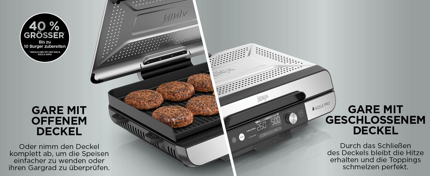 Ninja Sizzle Pro XL: гриль та плоча для дому з антипригарним покриттям, збірний, з піддоном для жиру та рецептами, срібно-чорний, GX101EU XL