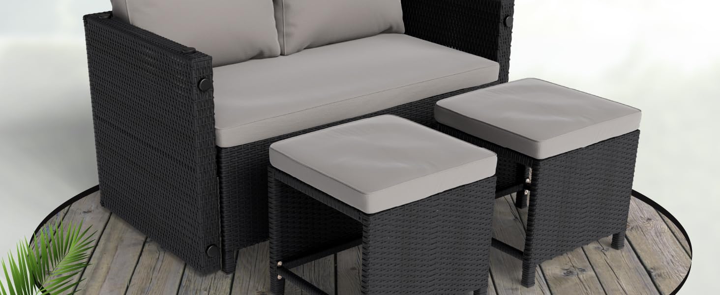 Набір садово-розкладних меблів Juskys Jamaika 2в1: стіл та садова лаунж-група - для балкона, саду, тераси. Чорний поліротанг