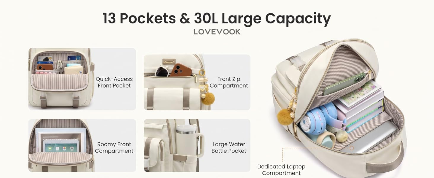 Жіночий рюкзак LOVEVOOK для ноутбука 17.3 дюймів, шкільний рюкзак для дівчат та підлітків, бежевий