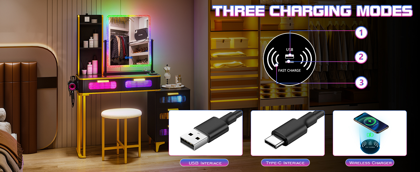 Туалетний столик Lvifur RGB з бездротовою зарядкою, USB, з можливістю затемнення, табурет, 5 ящиків (чорний)