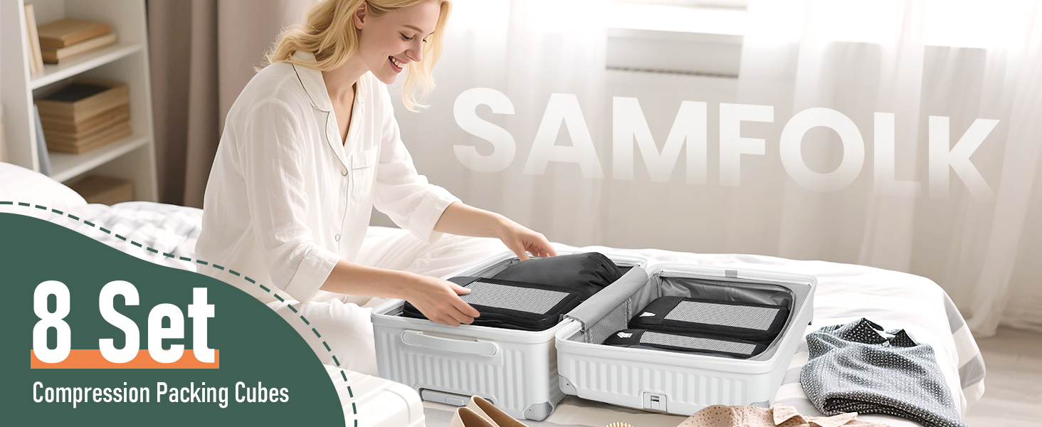 Набір компресійних органайзерів для одягу в подорожі, 8 предметів, дорожні сумки-пакувальники для валізи та рюкзака, чорні