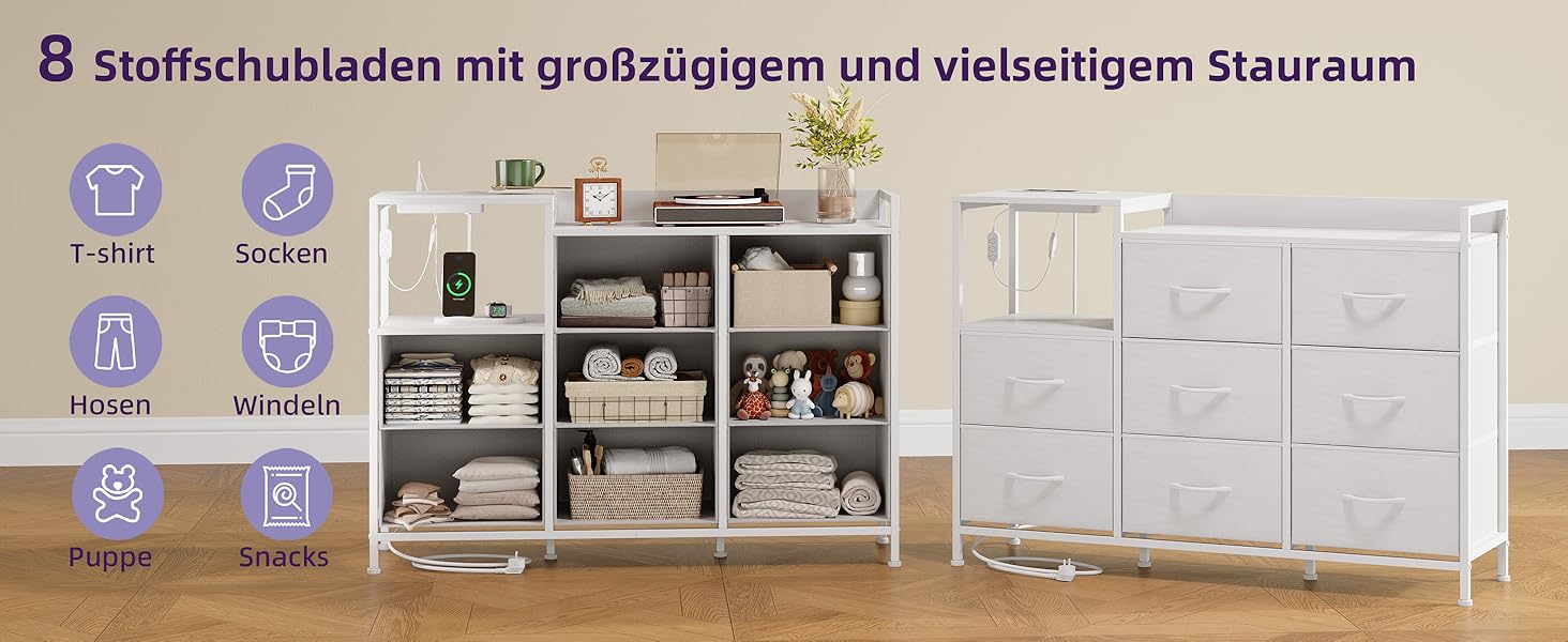 Комод Somdot для спальні, вітальні, прихожої з шухлядами, LED-підсвічуванням та розетками (2 AC, 1 USB, 1 Type-C), 5 тканинних шухляд, білий, 29T x 66,5B x 70,5H см (Комод Somdot з 8 шухлядами, біле шкірозамінник, 29T x 99B x 70.5H см)