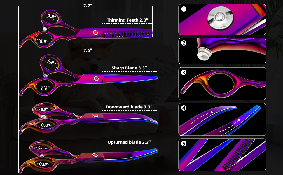 Професійні ножиці для стрижки собак з нержавіючої сталі, прямі ножиці для схуднення, вигнуті, для собак і домашніх тварин, набір ножиць для кішок (фіолетовий)