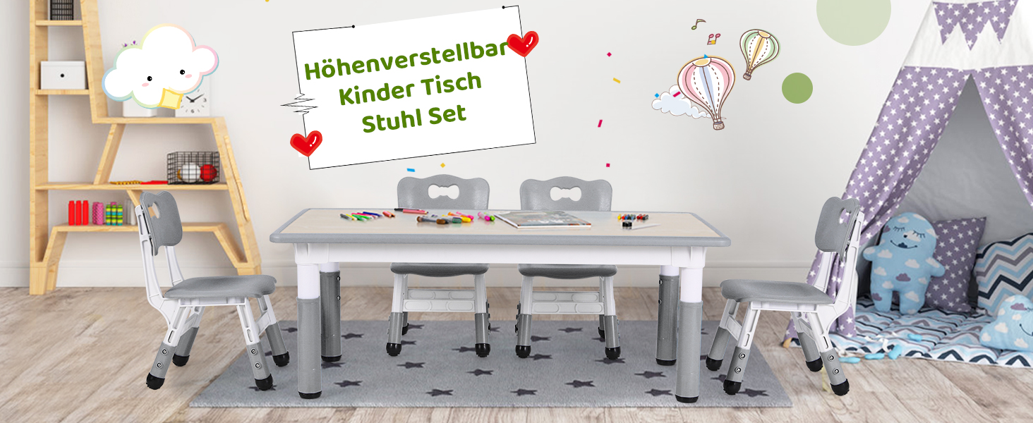 Дитячий стіл MAMIZO з 4 стільцями, регульована висота, набір для дитячої кімнати/садка, пластикові меблі, сірий, 60 x 120 см