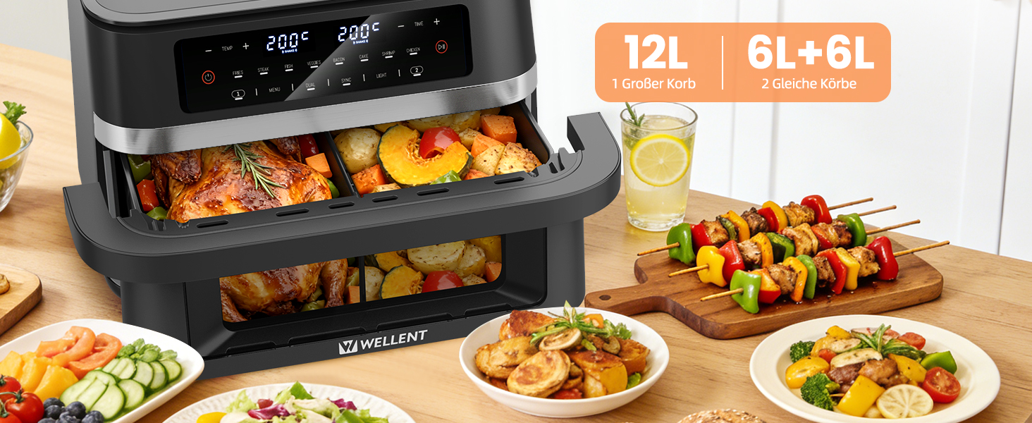 Аерофритюрниця WELLENT 12L Dual Zone XXL - двокамерна фритюрниця з гарячим повітрям 2950W (6+6Л), з вікном перегляду, функціями Match & Sync та нагадуванням про струшування, придатна для посудомийки