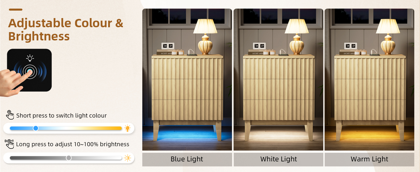 LED тумбочка Gurexl з зарядкою та 3 шухлядами, дерев'яна, з USB та Type-C, з датчиком руху, для спальні, вітальні, офісу, чорна