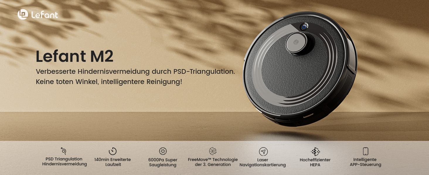 Робот-пилосос LEFANT M2 з функцією миття, LiDAR-навігацією, зоною заборони, потужністю 6000Pa, часом роботи 140хв, багатоступеневим картуванням, для видалення шерсті тварин, килимів та твердих поверхонь (M2-B)