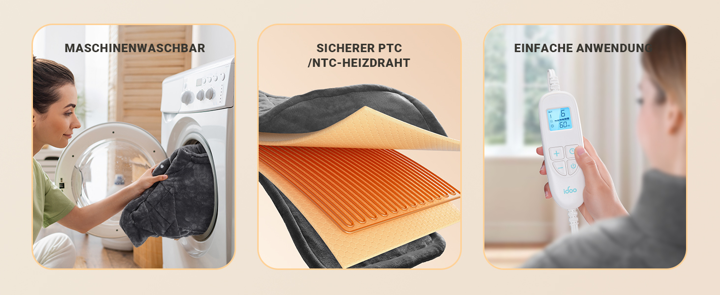 Електрична грілка iDOO 61x84 см з автовимкненням, для спини, шиї, плечей, 6 рівнів нагріву, таймер, сірий фланель, пральна