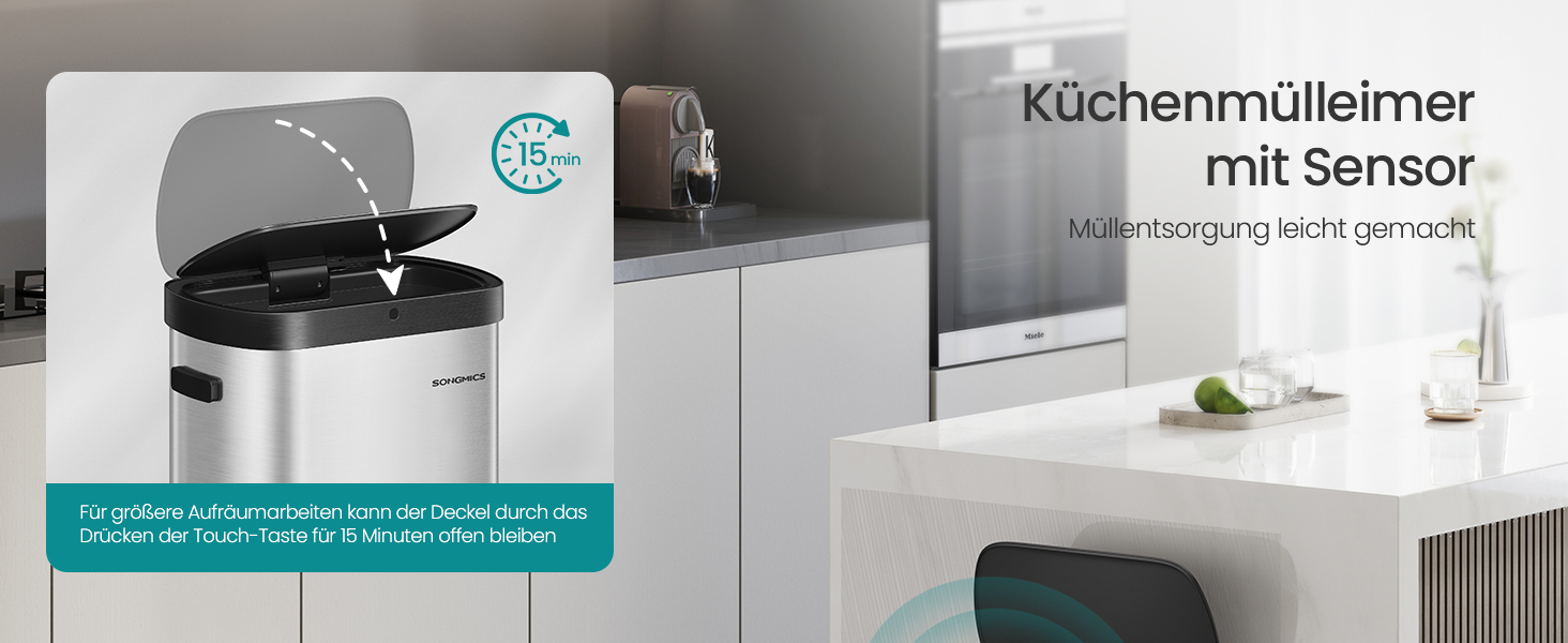 SONGMICS Відро для сміття з сенсором, автоматичне, 50 л, відкриття рухом руки або дотиком, Softclose-кришка, сталь, з 15 мішками для сміття, LTB640B02 (металік срібло + чорний)