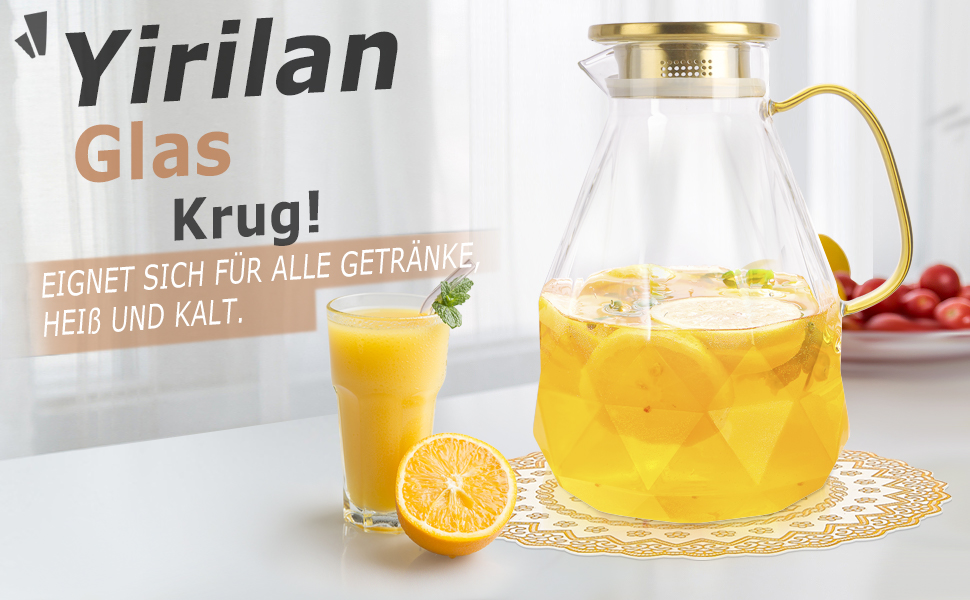 Скляна карафа Yirilan 2.2 л з кришкою, 74 унції, для води, скляна банка, глечик для води, скляний глечик