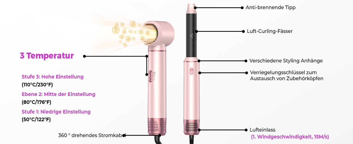 Airstyler 5 в 1: Фен-щітка для волосся з насадкою для локонів, чорно-золотий (5 в 1: Рожевий) - професійний стайлер для укладання