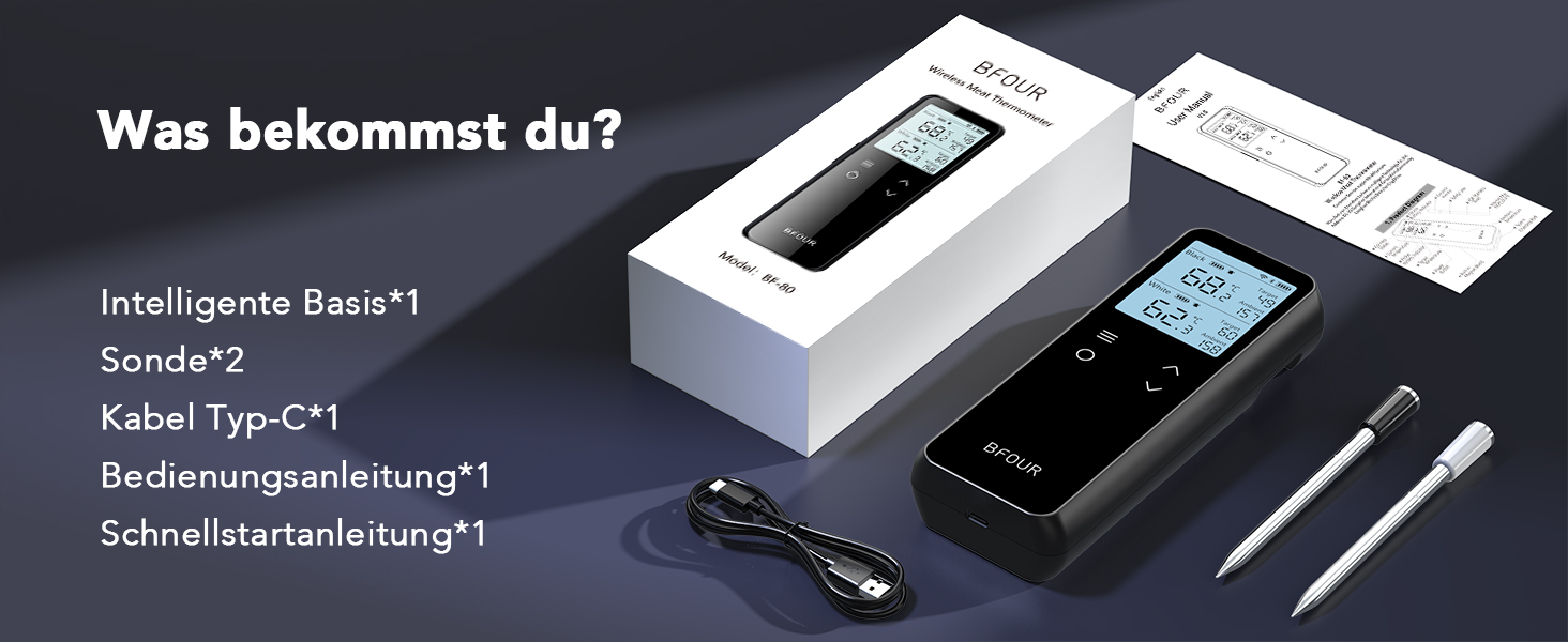 Бездротовий термометр для м'яса BFOUR BF-80 з Bluetooth та Wi-Fi, 2 зонди, 6 сенсорів, IP67 водонепроникний, сенсорне управління, APP-керування, термометр для приготування BBQ, духовки та гриля