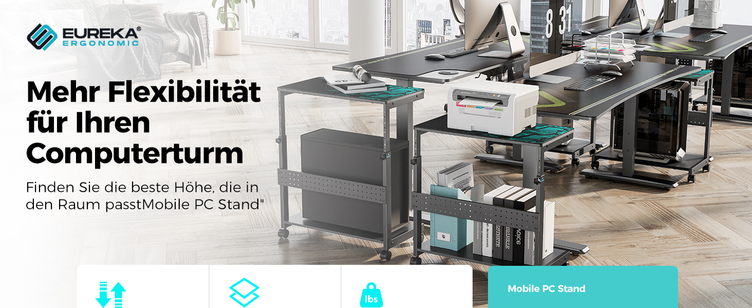 Підставка для комп'ютера EUREKA ERGONOMIC, регульована по висоті, ATX, для CPU, під стіл, з коліщатками, з підкладкою під мишу, чорна