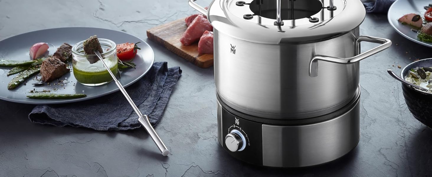 Електричний набір для фондю WMF Lono на 8 осіб: регулювання температури, індукційний горщик 1.2л, з нержавіючої сталі, з тримачем для виделок