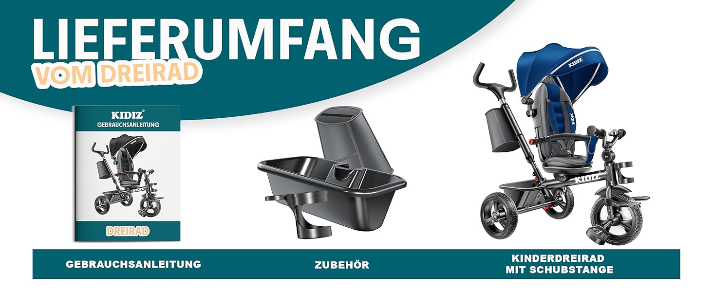 Триколісний велосипед KIDIZ 6-в-1 для дітей від 9 місяців до 25 кг: з ручкою, кошиком, сонцезахисним козирком, прогулянковий, синій