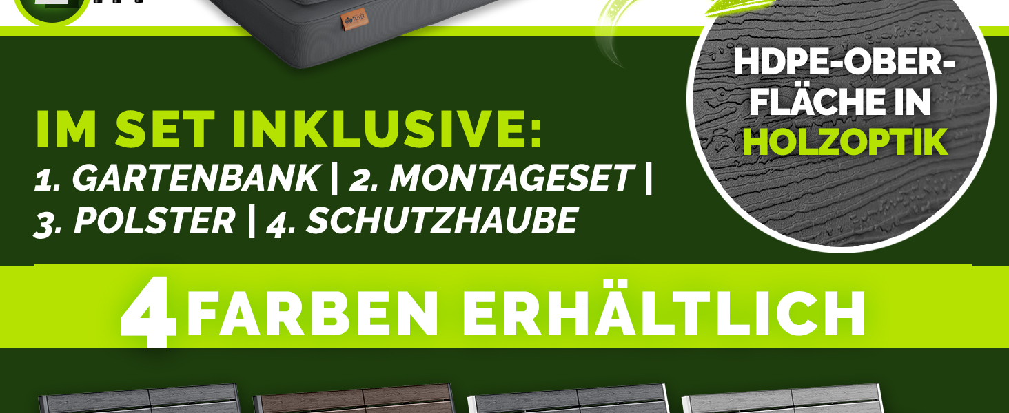 Садова лавка Tillvex® 3-4 місця з подушками та чохлом, вулична, стійка до погодних умов, деревоподібна, до 300 кг, антрацит 150 см
