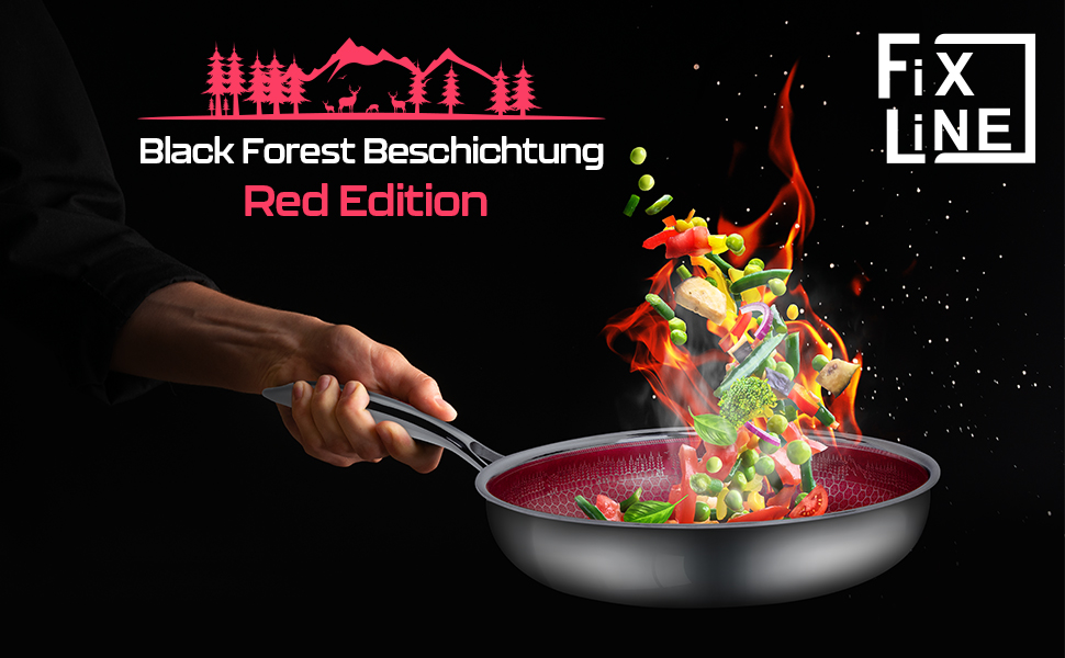 Сковорода FIXLINE Black Forest 28 см - RED Edition - стійке до подряпин покриття - для всіх типів плит, включаючи індукційну - безпечна для духовки - легко чиститься - новинка - ідеальний подарунок