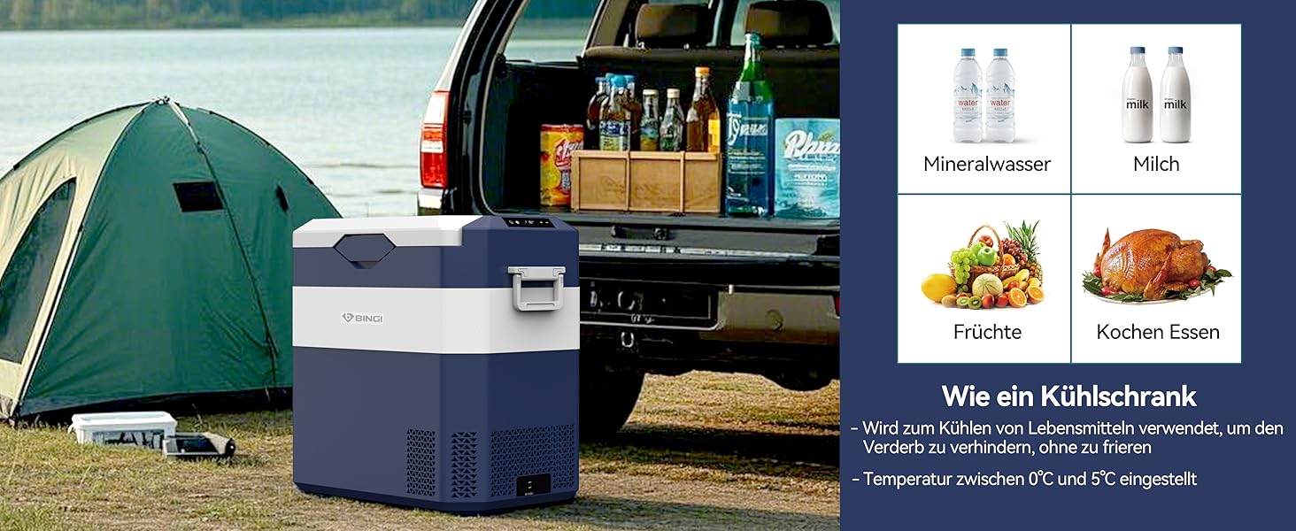 Автохолодильник BINGI 18л портативний 12/24V, 230V з функцією морозильника (-18°C до 15°C) для авто, кемпінгу, дому (синьо-білий)