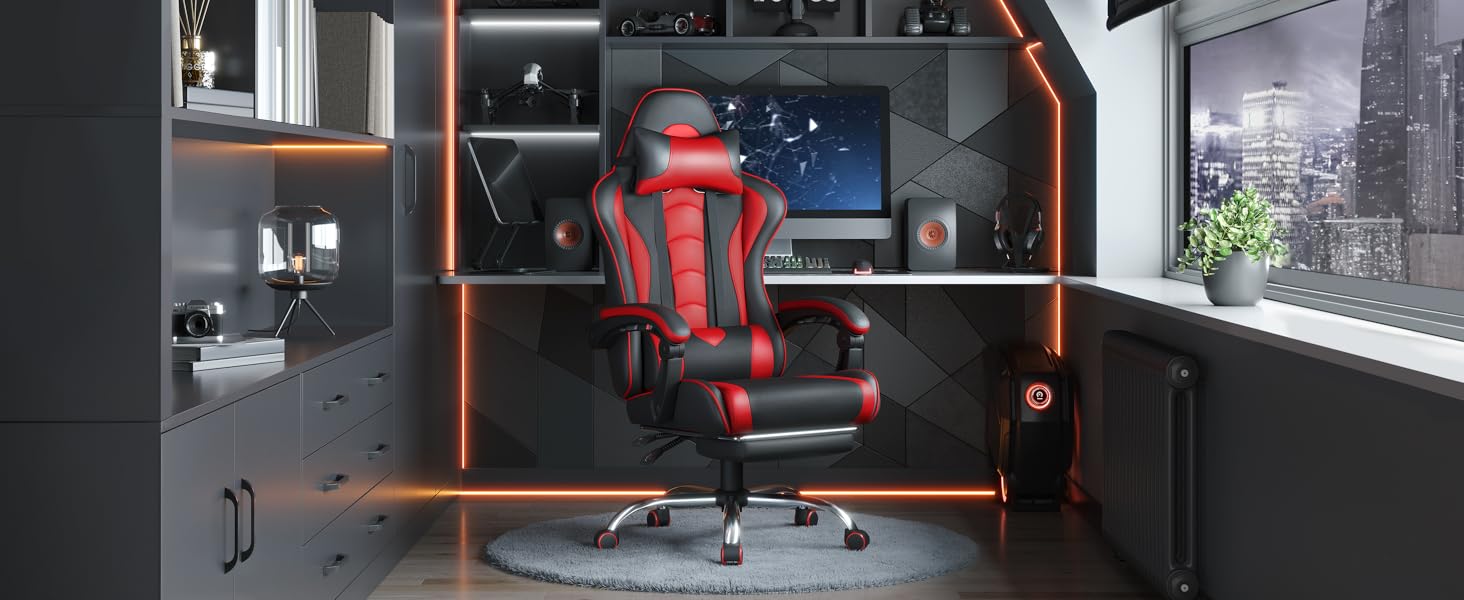 Ігровий крісло Yaheetech з масажем, регульована спинка 90-135°, комп'ютерне крісло з підніжкою, білий/червоний