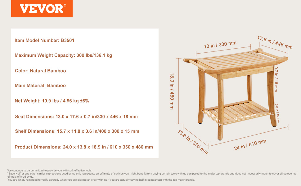 Бамбуковий стілець VEVOR Бамбуковий душовий стілець, водонепроникний, вантажопідйомністю 136 кг, з полицею, для дорослих/людей похилого віку