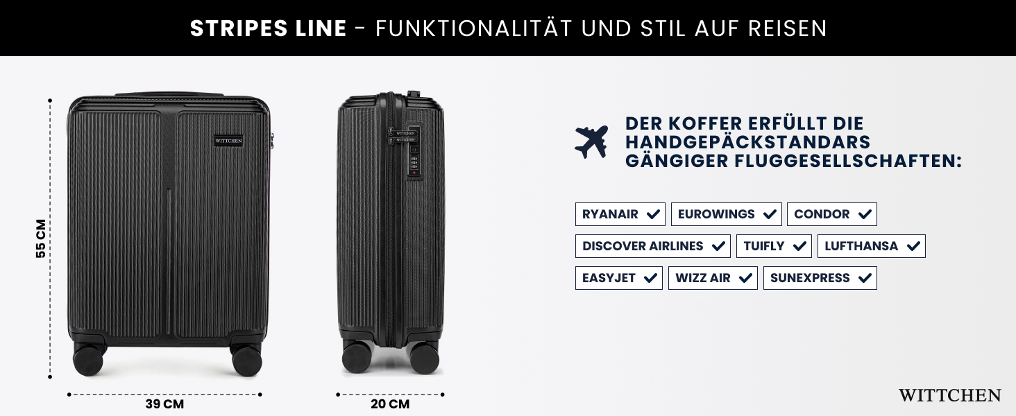 Валіза велика Wittchen Stripes Line XL (76.5x50x29 см) чорна, пластикова валіза-тролей на 4 колесах, 96 л, з кодовим замком та телескопічною ручкою