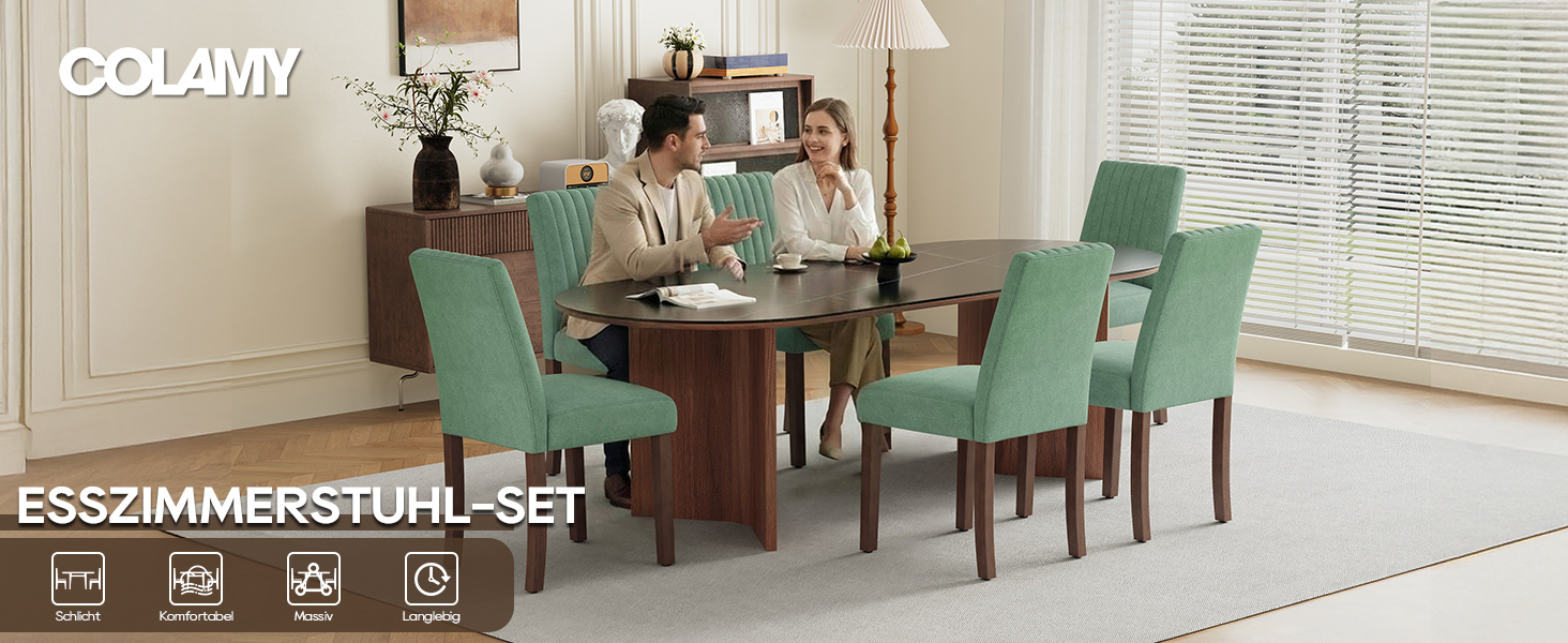 COLAMY Комплект обідніх стільців для кухні та їдальні (6 шт), зелені, з м'яким сидінням та спинкою, дерев'яні ніжки