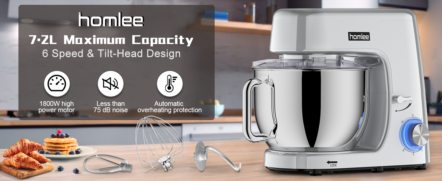 Потужна кухонна машина 1800W з великою чашею 7.2 л з нержавіючої сталі, міксер, насадки для тіста, збивання та насадка-віночок, сріблястий
