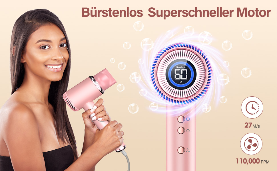 Іонний фен для волосся DEWILY з безщітковим двигуном 110,000 RPM, магнітним дифузором та 2 насадками, рожевий