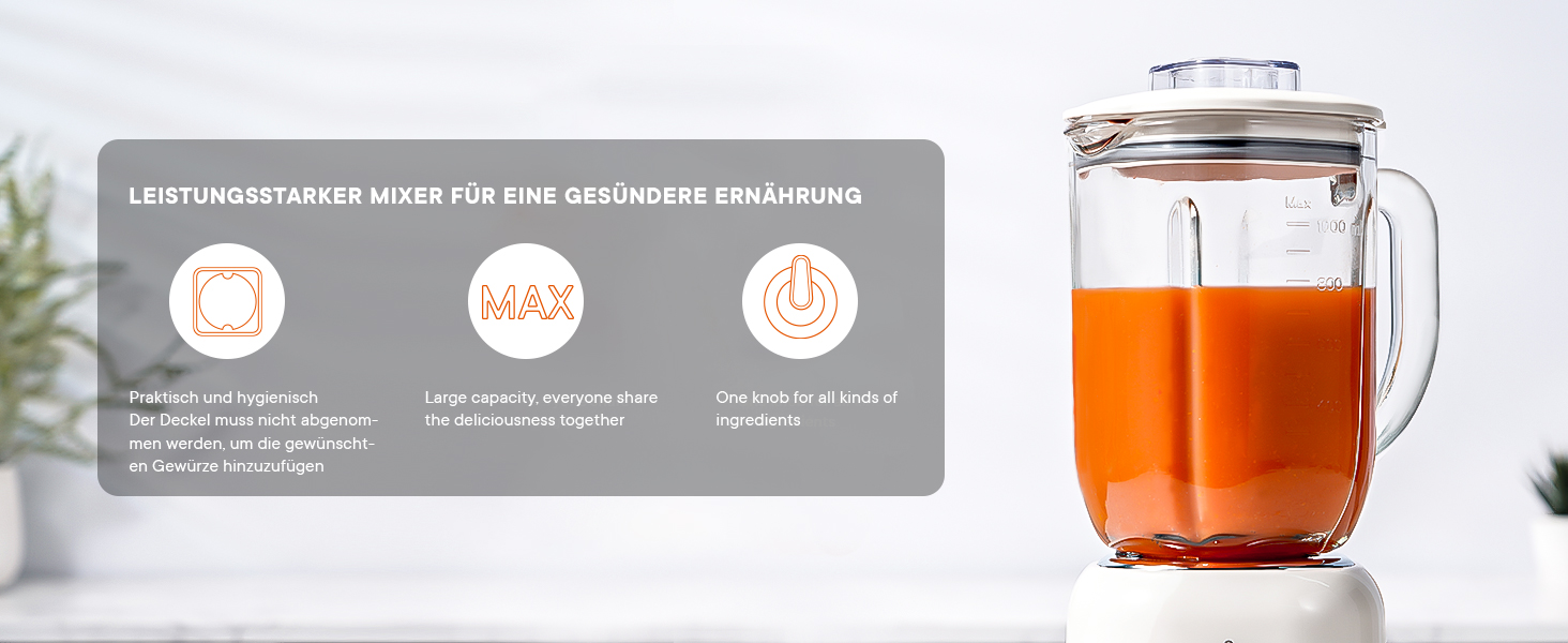 Шардор Стаціонарний міксер, блендер для смузі з 6 лезами з нержавіючої сталі, 2 швидкості та функція P-Turbo, 700 Вт, 1,25 л скляний глечик