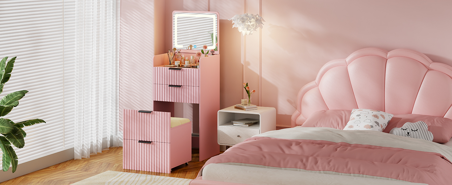 Трюмо Lvifur з LED-дзеркалом та 3 шухлядами, кутовий, для спальні, квартири, гуртожитку, білий (рожевий)