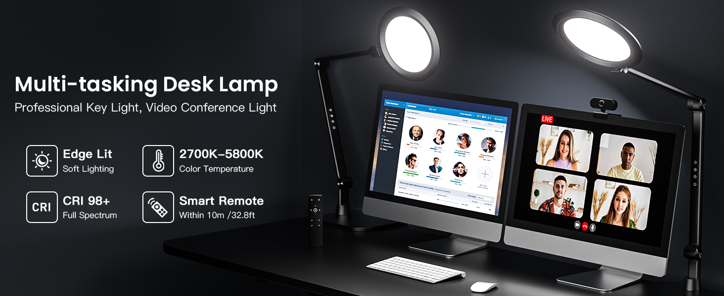 LED лампа VERSKI для дому та офісу з пультом, для відеоконференцій Zoom, з регулюванням яскравості та кольорової температури, 18W, чорна