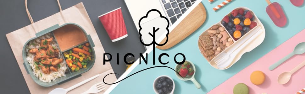 Ланчбокс для дітей та дорослих Picnico - Ланч-бокс з відділеннями та столовими приборами - Bento Box зелений