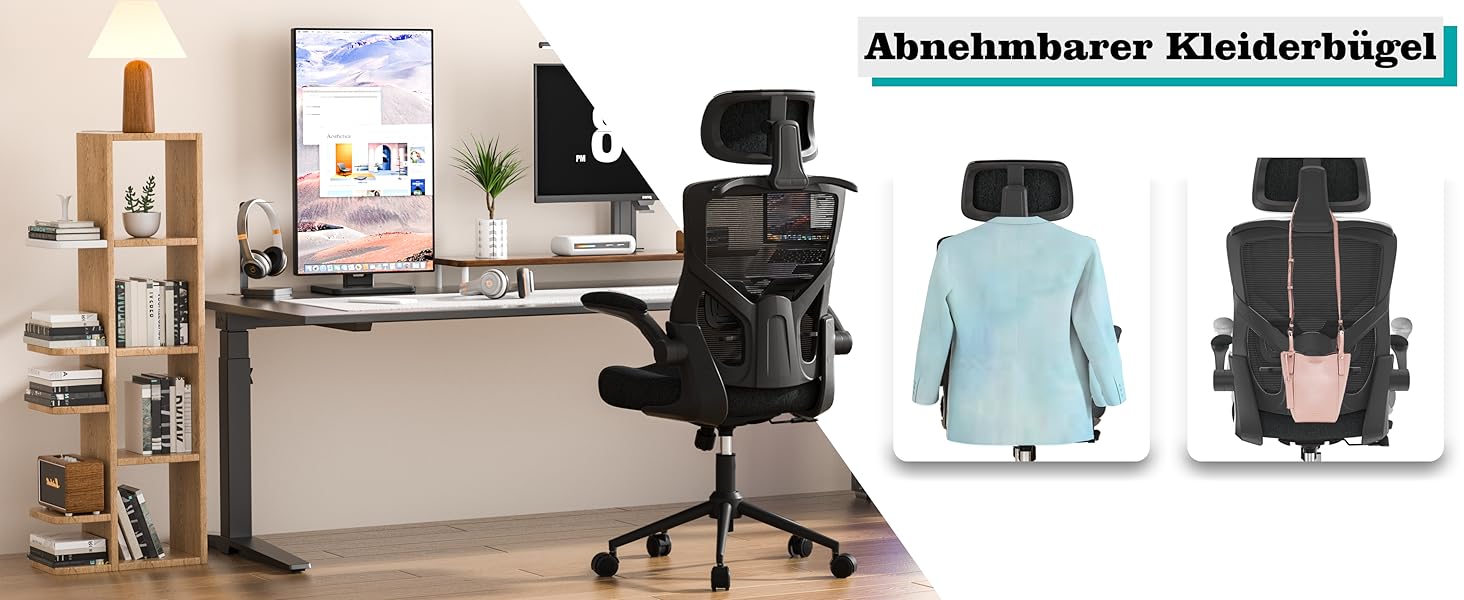 Ергономічне крісло для офісу з регульованою підголівником та поперековою підтримкою – високе офісне крісло з сітчастою спинкою та м'яким сидінням, вішалка для одягу та функцією блокування (Чорний)