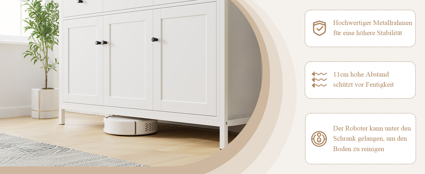 Білий комод-буфет FirFurd з 3 шухлядами та 3 дверцятами для кухні, вітальні, їдальні, 108x38x98,5 см, регульована полиця