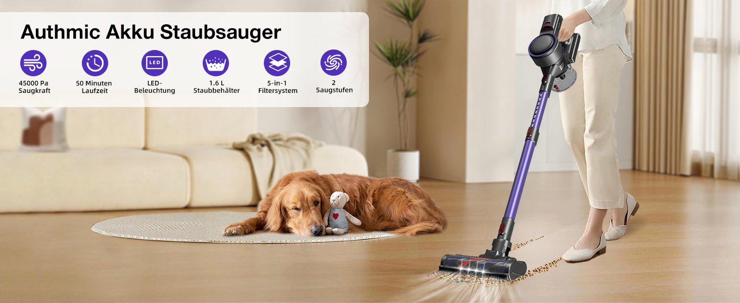 Акумуляторний пилосос бездротовий 45000 Па з сенсорним екраном, 50 хв роботи, контейнер 1.6 л, фільтр H13 HEPA, анти-заплутуюча щітка для підлоги/килима/шерсті тварин, фіолетовий