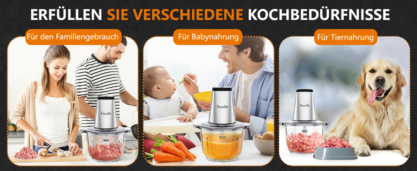 Електричний подрібнювач для кухні Facelle: м'ясорубка, подрібнювач 2L, кухонний комбайн 500W зі скляною чашею та 4 лезами для м'яса, овочів, фруктів, горіхів, дитячого харчування