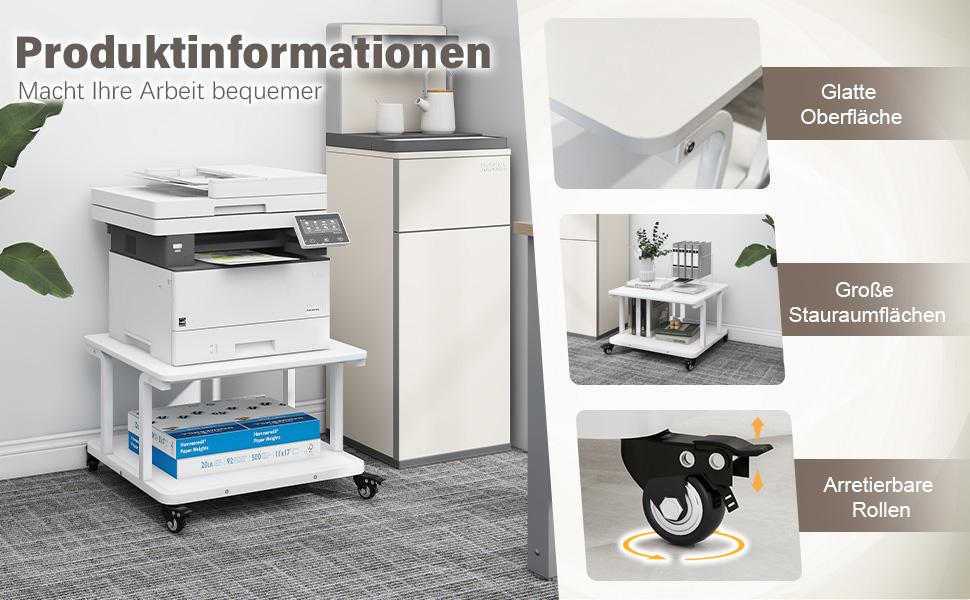 Стіл для принтера PUNCIA з 2 рівнями, мобільний, 60x50 см, білий. Підходить для принтера, сканера, копіювальника.