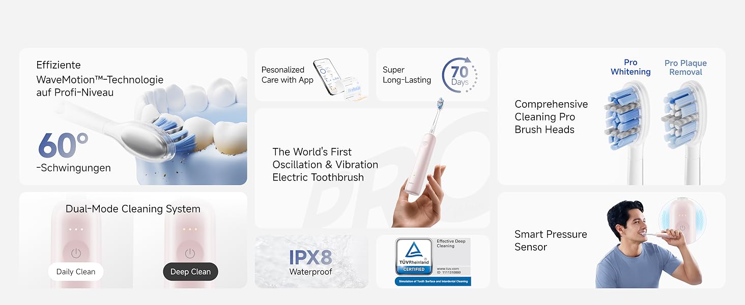 Звукова зубна щітка Laifen Wave Pro рожевого кольору: 6 режимів, акумулятор до 70 днів, контроль тиску, 2 насадки