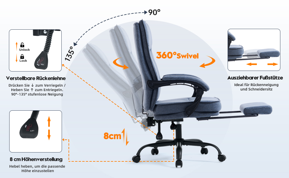Ергономічне крісло для офісу, комп'ютерне крісло для начальника з регульованою спинкою 90-135° та підніжкою, сіре, тканина, 150 кг