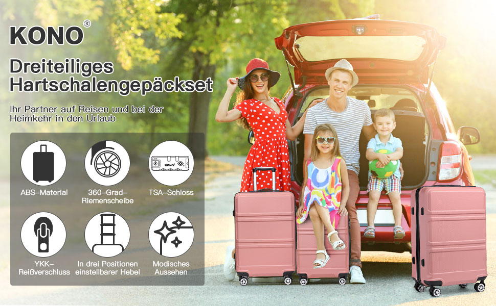 KONO Набір валіз 3 в 1 з ABS, рожевий колір, з TSA замком, M-L-XL, з роликами