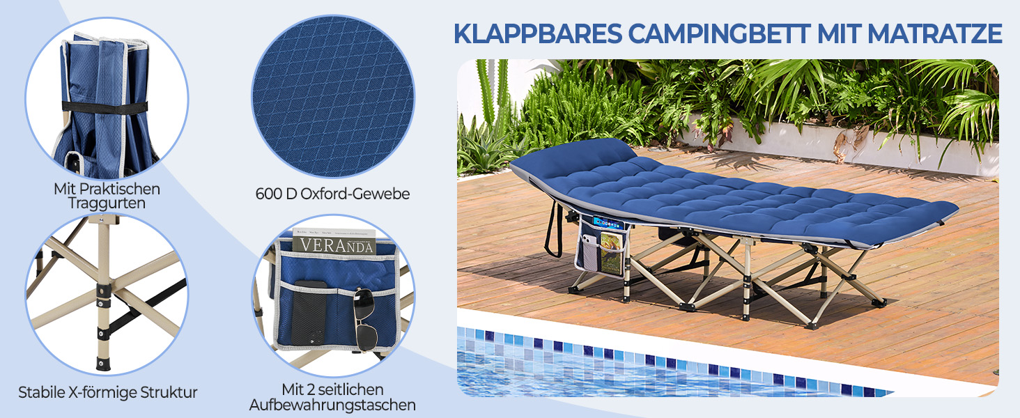 Розкладне кемпінгове ліжко Yaheetech з матрацом та сумкою для транспортування, 191 x 67 см, до 150 кг, сірий матрац та чорний каркас