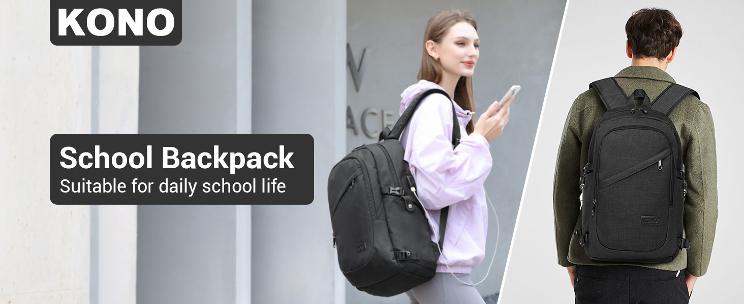 Чорний рюкзак для ноутбука KONO 15.6 дюймів, водонепроникний, антикрадійний, для роботи, подорожей та навчання