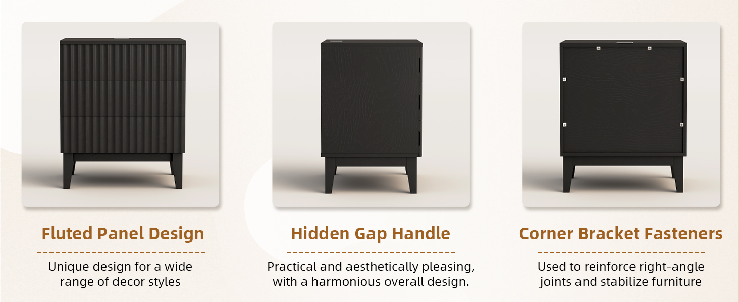 LED тумбочка Gurexl з зарядкою та 3 шухлядами, дерев'яна, з USB та Type-C, з датчиком руху, для спальні, вітальні, офісу, чорна