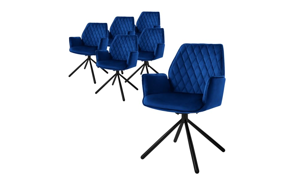 Крісла для їдальні ML-Design, комплект 6 шт., темно-синій, з м'яким сидінням та спинкою, оббивка з велюру, поворотні, з металевими ніжками