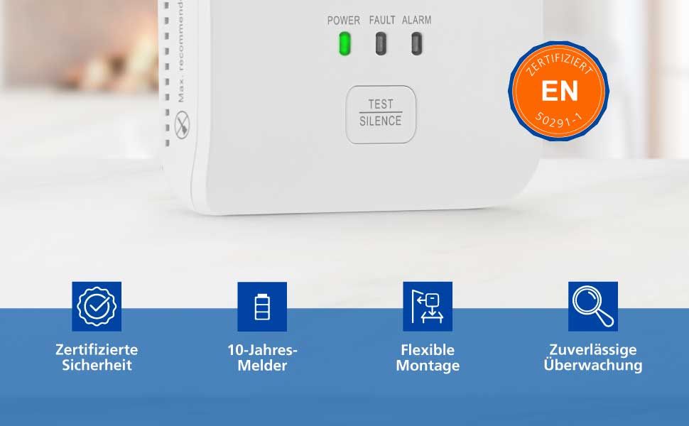 Датчик CO Hekatron KonexXt CO One з батареєю на 10 років – детектор чадного газу з дисплеєм та кнопкою тестування, проста установка