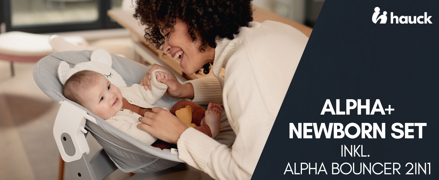 Високий стільчик для годування Hauck Alpha+ Newborn Set - з 2в1 гойдалкою. Дерев'яний стільчик для немовлят від народження, з м'якою подушкою та вкладишем для новонароджених (Classic, Чорний)